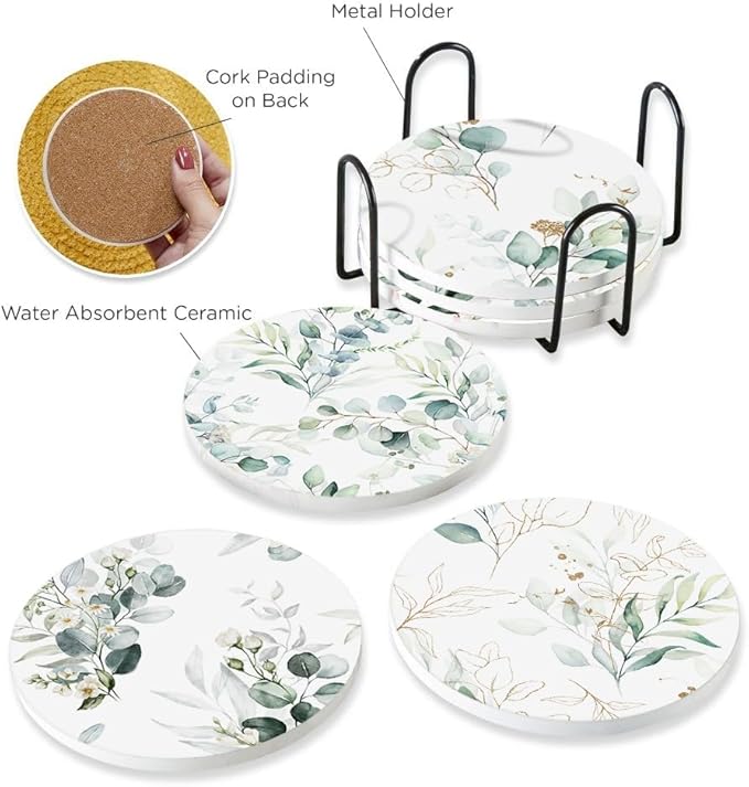 6Pcs Drink Coasters with Holder, Watercolor Green Eucalyptus Leaves Absorbent Ceramic Drink Coaster with Cork Base, Home Bar Table & Office Decor House Warming Gift