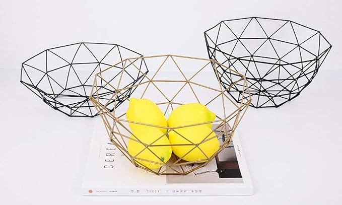IBWell Geometric Metal Wire Fruit Bowl, Iron Arts Fruit Storage Baskets (Gold, Large)
