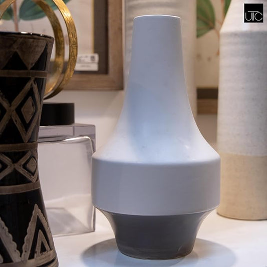 Urban Trends Stoneware Round Long Neck, Gray Banded Rim Base and Tapered Bottom LG Matte Finish White Vase