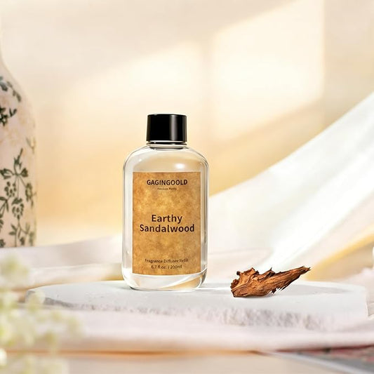 Earthy Sandalwood Scented Reed Diffuser Oil Refill with 10 Sticks, 120 Days Long Lasting for Home, Elegant Fragrance for Bathroom Bedroom Office Decor Air Fresh, 6.7 fl oz / 200 ml