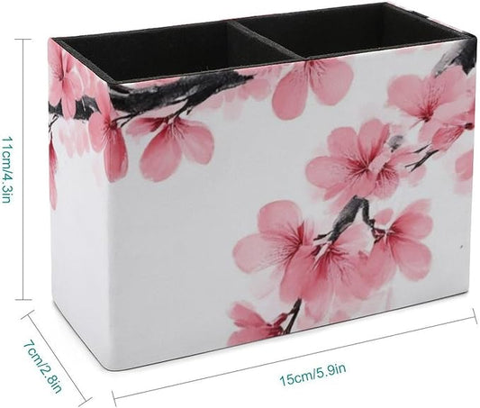 Fashion Desk Pen Holder PU Leather Desk Organize Decor, Makeup Brush Storage Branch Of A Flourishing Tree Cherry Flowers Blossoms Spring Theme Art