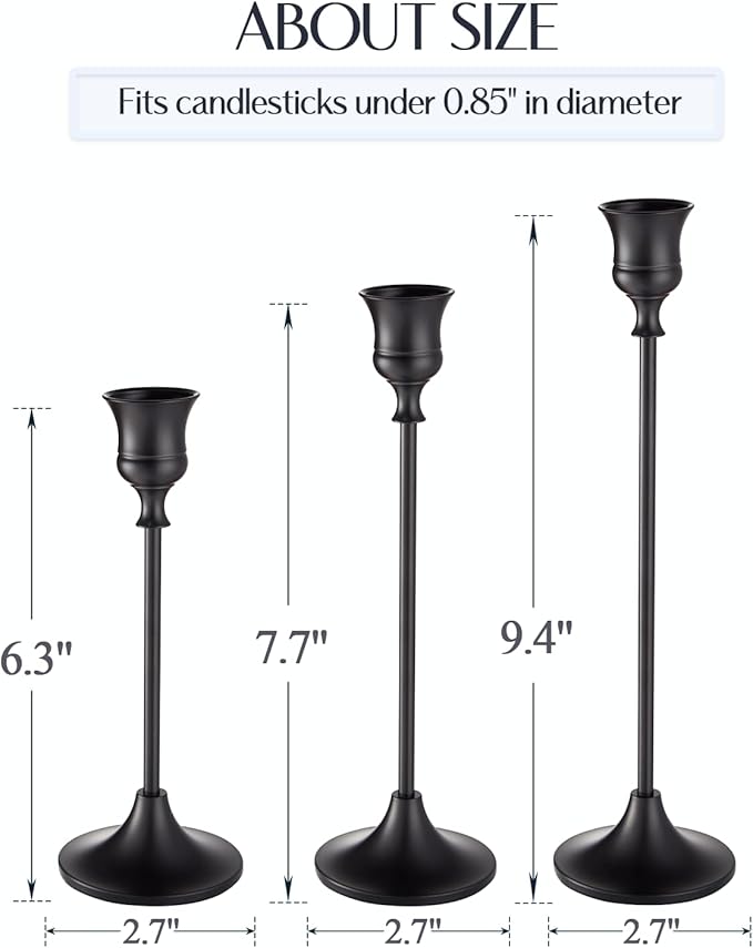 Willceka Black Candlestick Holders, Taper Candle Holders, Set of 3 Matte Black Candle Holder Set, Vintage Table Centerpiece for Wedding Christmas Holiday