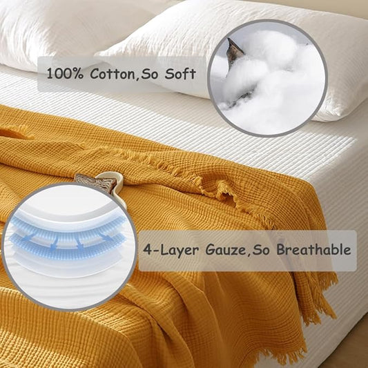100% Cotton 4-Layer Muslin Blanket with Fringes, 50"x60", Mustard Yellow Throw Blanket, Ultra-Soft Gauze Blanket, Boho Bedding for All Seasons, Breathable for Couch, Bed(Mustard Yellow,Throw)