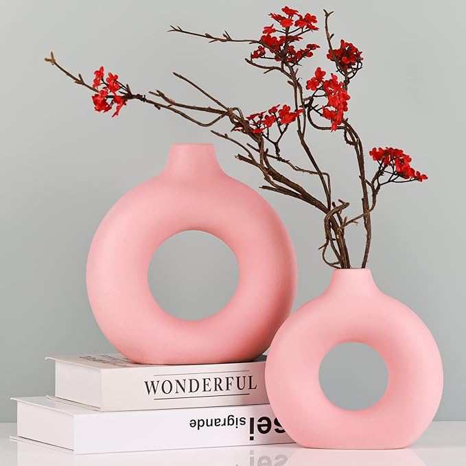 Pink Vase Decor Donut Vase Set of 2 - Circle Hollow Vases, Modern Matte Ceramic Vases for Entryway Living Room Bedroom Dining Table Centerpiece Office Home Decor