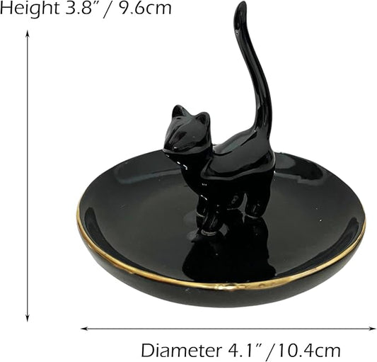 ROSA&ROSE Cat Ring Holder Trinket Tray Ceramic Jewelry Dish Porcelain Ring Organizer Gift for Women, Girlfriend or Valentine's Day (Black)