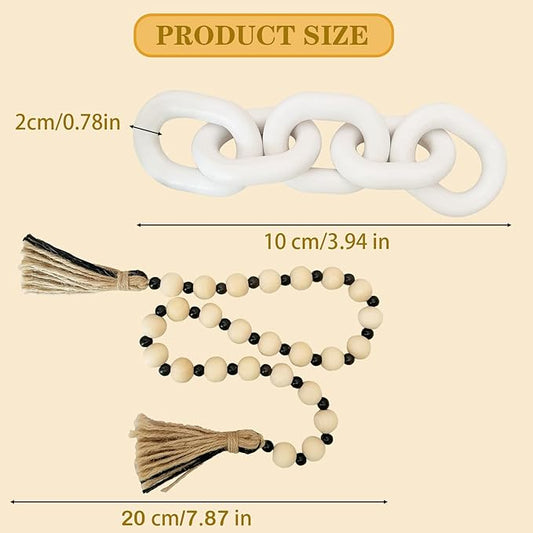 2 Pieces Decorative 5 Link Wooden Chain Decor and Bead Boho Farmhouse Rustic Home Table Decor Coffee Table Shelf Aesthetic Modern Bookshelf Table Wooden Decortion (White)