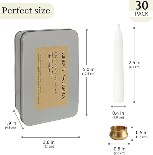 Meditation White Taper Candles Set, 20 Minute Unscented Mini Prayer Candles, 30 pcs Small Wishing Candle with Brass Candle Holders for Home Yoga