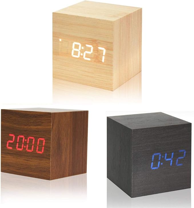 Lancoon Wooden Alarm Clock - Mini Cube LED Digital Clock with Time/Date/Temperature Display, 3 Levels Brightness and Voice Control Great for Home Office Travel - AC10Yellow_White