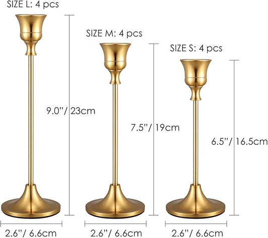 Set of 12 Brass Gold Candle Holder Candlestick Holders Taper Candle Holders Metal Candle Stick Wedding Centerpieces for Tables Candlelight Dinner Home Decor(Candles not Include)