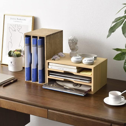 KIRIGEN Wooden Desktop Organizer Paper Storage Letter Tray File Sorter - Desk Rack Magazine File Dividers Holders for Home Office Accessories with 3 Layer Trays Dark Brown (3KWJG-DBR)