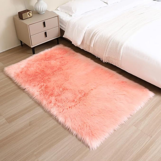 Fluffy Faux Fur Rug Pink Sheepskin Area Rug,3x5 Ft Ultra Soft Shaggy Plush Rug for Bedroom Bedside Living Room Nursery Kids Room