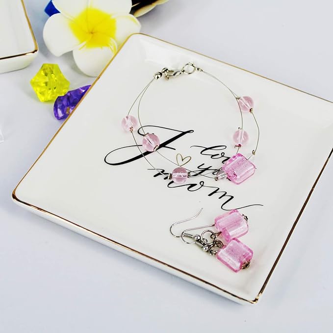 LADY&HOME Gifts for Mom - I Love You Mom Trinket Dish & Ceramic Ring Dish for Mother's Day