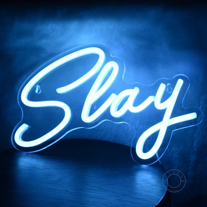 SYLHOME Slay Blue LED Neon Light Sign Cool Boys Girls Preppy Bedroom Game Play Room Desk Wall Decor Sign Club Pub Bar Man Cave Game Center Birthday Decoration USB Night Light 11.8" X 8"