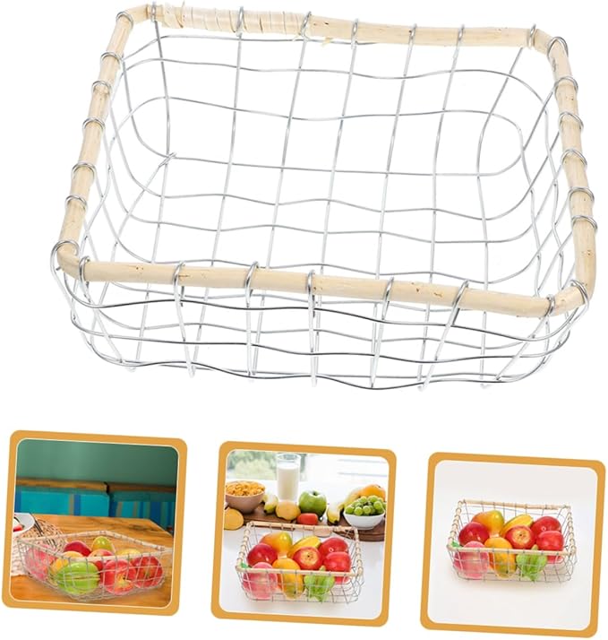 Happyyami Iron Woven Storage Basket Kitchen Living Room Organizer Sturdy Fruit Bowl for Fruits Bread Snacks Easy to Clean Small Square