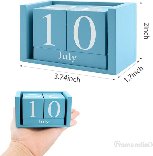 Framendino, Blue Vintage Wood Calendar Rustic Block Chic Perpetual Desktop Wooden Cubes Calendars for Home Office Desk Decoration