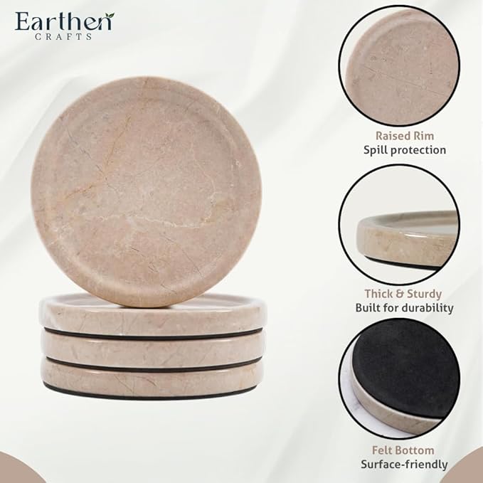 Marble Coasters Set of 4 Verona 4 Inches Round Coaster Set Natural Stone Drink Coasters, Coaster for Drinks, Coffee Table, Kitchen, Bar Décor and Ideal