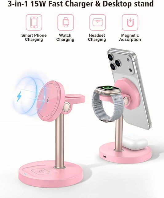 3 in 1 Wireless Charging Station for Apple, 15W Fast Magnetic Charger Stand Wireless Nightstand for Bedrooms, iPhone 17 16 15 14 13 12 Series, Apple Watch, Airpods, Women Gifts (No AC Adapter) Pink
