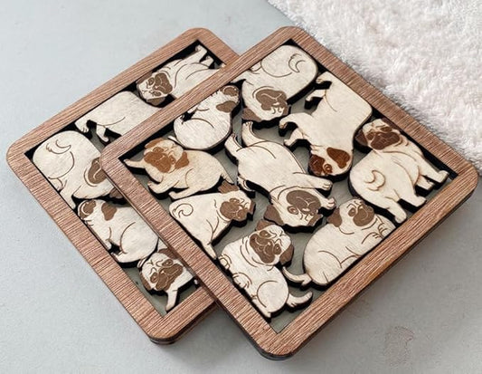 02 Pug Dog Coaster - Pug Dog Puzzle Wooden Coaster Set - Interlocking Jigsaw Drink Mats with Laser-Cut Design for Pug Lovers (Pug Dog)