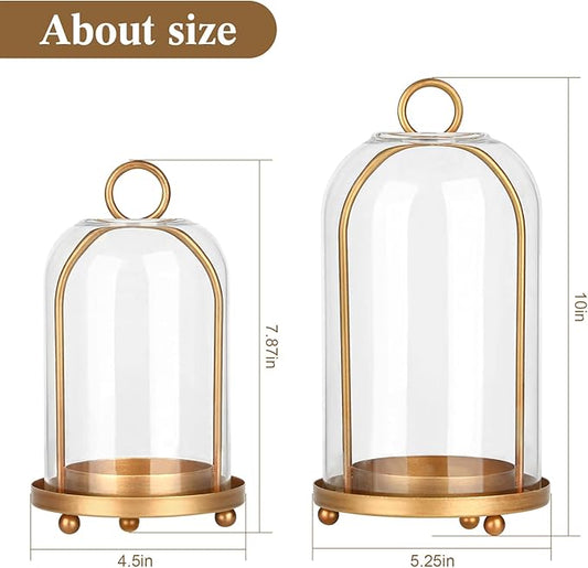 Vintage Brass Metal Candle Lantern with Thick Glass Dome – Set of 2 Shabby Chic Style Candle Holders (5.25"x10" & 4.5"x7.87") – Hanging or Tabletop Decor for Pillar Candles, Plants