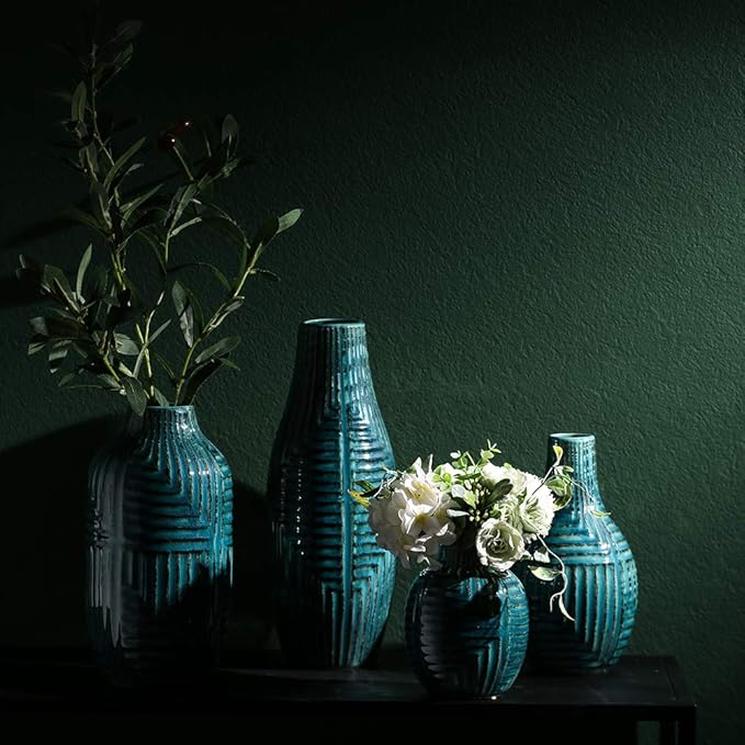 Teal Hand-Glazed Ceramic Vase 13.8" – Modern Decorative Centerpiece for Fresh & Dried Flowers