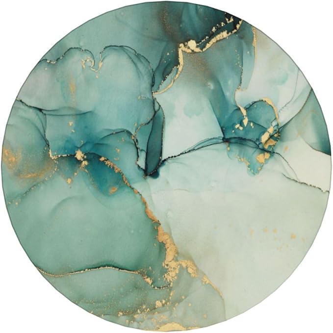 6 Pcs Ceramic Coasters with Holder Absorbent Drink Round Blue Green Jade Texture Marble with Golden Design for Home Table Coffee Cup Wine Beer Bar,Size 4.4 inches