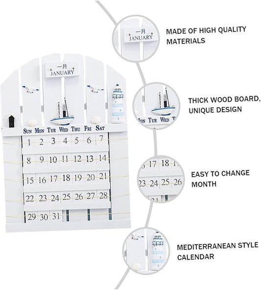 Wall Mounted Wooden Perpetual Calendar in Mediterranean Style, Material Removable Blocks, Home Decor for Office, School, Shop, White