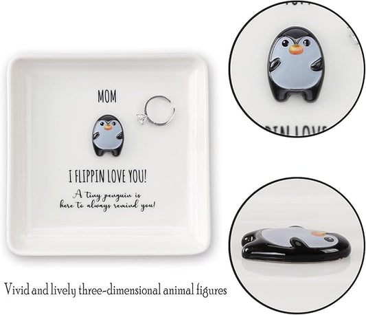HOME SMILE Birtday Gifts for Mom from Daughter Son,Penguin Ring Dish Jewelry Tray-I Flipping Love Yo-Mother Gift for Christmas Mother Day Mama Mother in Law Bonus Mom
