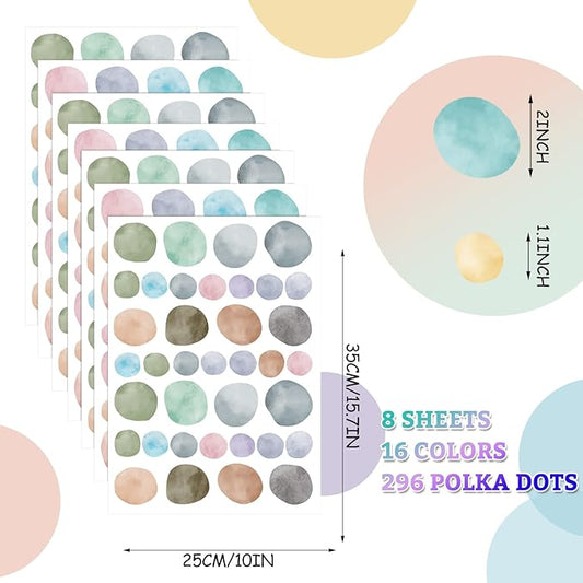 Epakh 296 Pcs Polka Dots Wall Decal Boho Rainbow Kids Playroom Wall Decor Gifts, Colorful Nursery Room Bedroom Classroom Watercolor Decal Art, Peel and Stick Modern Decor Sticker(Fresh Colors)