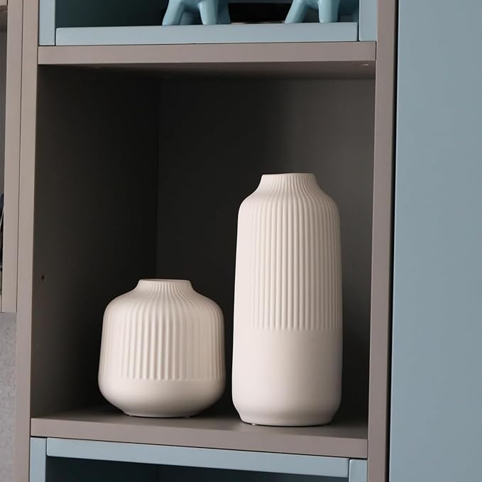 White Ceramic Vase Set of 2 | Boho Ribbed Flower Vases for Pampas Grass & Home Decor