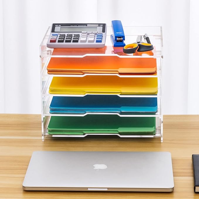 File Paper Organizer Letter Tray For Desk Office Supplies Folder Accessories Storage, Clear Acrylic, For Home School Desktop Organization