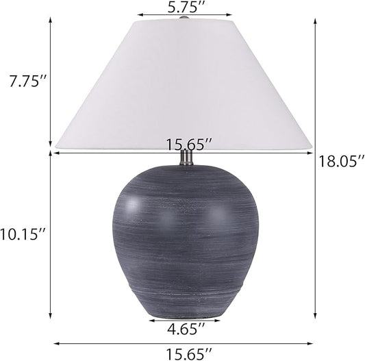 Pia Ricco 21'' Medium Size Black Glossy Ceramic Base Ceramic Basin Table Lamp for Bedroom, Living Room, Dining Room, Office, White Shade,White Striped Black Base