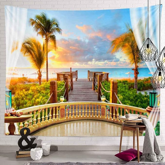 BULOR 80x60inch Tropical Balcony Sea Beach View Tapestry Seaside Wood Bridge Sunset Sunshine Curtain Wall Hangings Tapestry for Meditation Bedroom Living Room Dorm Man Cave Video Recording Background