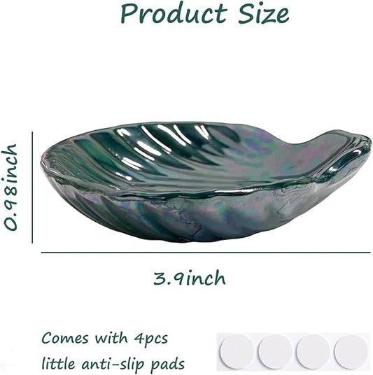 Seashell Trinket Tray, Ceramic Ring Holder Dish for Earrings Ring Necklace, Shell Shape Jewelry Dish Trinket Tray, Ocean Room Decor, 3.9", Deep Teal Iridescent Surface