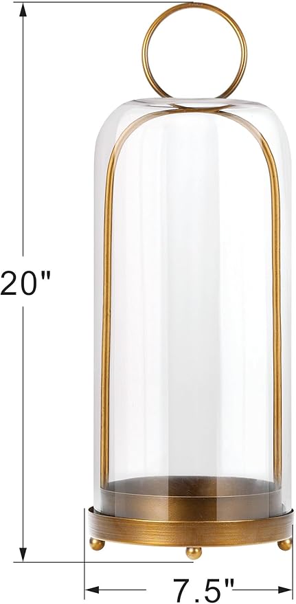 20" High Versatile Modern Metal Hurricane Lantern with Handmade Sturdy Glass Dome in Antique Brass for Pillar Candle & Plants, Industrial, Farmhouse, Shabby Chic (Brass, 7.5"x20")