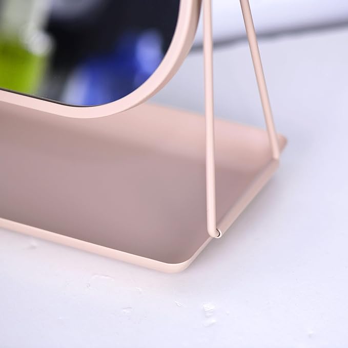 Rotating Metal Makeup Mirror with Storage, Vanity Mirror for Desk, Bathroom, Bedroom, Dressing Table (Pink)