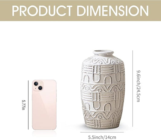 Large White Ceramic Vase - 9.6" H Embossed Decorative Vases for Home Decor, Modern Boho Rustic Table Centerpieces for Living Room, Dining Room, Shelf, Mantel, Office