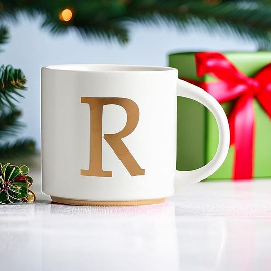COLLECTIVE HOME - Monogram Ceramic Mugs, 15 oz Golden Initial Coffee Cups, Elegant Alphabet Tea Mugs, Elegant Personalized Mug with Gift Box, Unique Mug with Double Side Capital Letter (R)