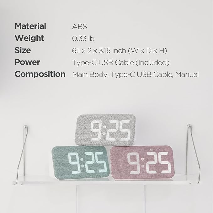mooas Cosy Fabric LED Desk Clock, Digital Alarm Clock with USB Charging Port, 12/24H Mode, Temperature Display, Alarm & Snooze, Cozy Atmosphere, Non-Slip Silicone pad for Stability (Deep Green)