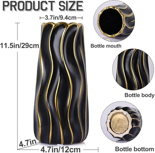 11.5" Black Ceramic Vase - Minimalist Black and Gold Flower Vase, Large Pampas Grass Vase, Boho Decorative Centerpiece Vase for Home Decor, Wedding, Housewarming, Table, Shelf, Mantel, and Entryway