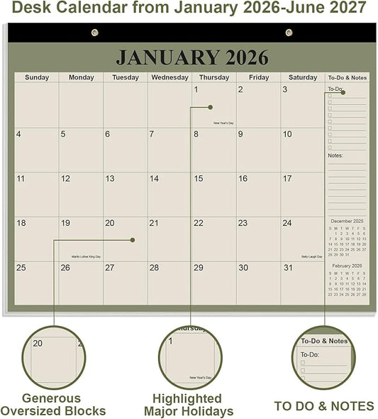 Desk Calendar 2026 - Calendar 2026-2027 from January 2026 to June 2027, 18 Months Calendar with Thick Paper for Office, Home, School Organizing, 14" X 11", Cyan