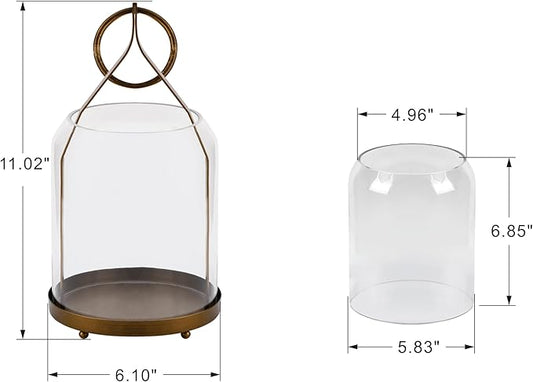 6" Wide Modern Hurricane Candle Holder with Handmade Scandinavian Glass Sleeve in Antique Brass for Pillar Candle & Plants, Hurricane Lantern Industrial, Minimalistic, Shabby Chic (1, Brass, 6"x10")