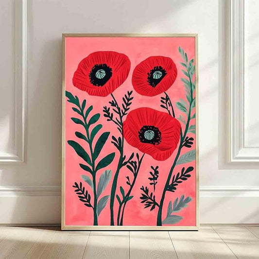 Red Poppy Wall Art Red Floral Poster Vintage Botanical Prints French Floral Artwork Antique Flower Pictures Pink Aesthetics Abstract Plants Wall Art Modern Living Room Decor 16x24inch No Frame
