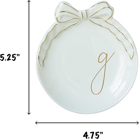 COLLECTIVE HOME - Personalized Initial Ceramic Jewelry Tray with Bow, Christmas Gift Ideas for Women, Small Gift for Girlfriend Wife, Ring Holder, Earrings Dish, Birthday Gift for Her (G)