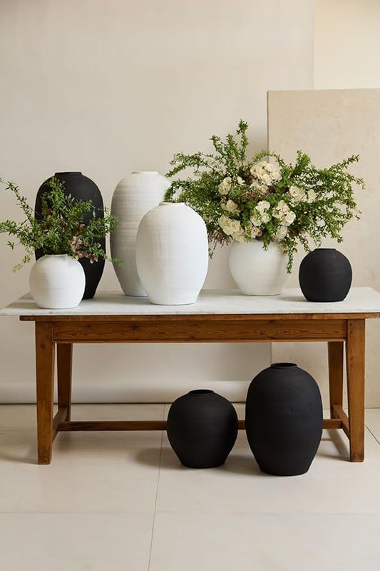 Crystal Modern Vase, Textured Round Belly Concrete Vase in Black or White, Available in Medium and Large Sizes, Decorative Accent for Floral Arrangements and Home Décor (Black, Large)