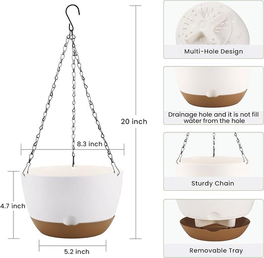 8.3 Inch Hanging Planter, 3 Pack Hanging Plastic Plant Self Watering Pot with Drainage Holes and Saucers, Hanging Baskets Flower Pots for Indoor Outdoor Garden Plants and Flowers-White