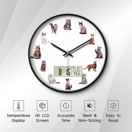 Large Display Modern LCD Clock with Calendar and Date Temperature Funny Cats Silent Battery Operated Digital Wall Clocks Non-Ticking Clock for Bathroom Kitchen Bedroom Living Room Decor 14 Inch