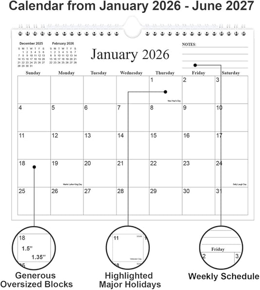 2026 Calendar - 18 Months Calendar 2026 from January 2026 to June 2027, Wall Calendar 2026 with Thick Paper for Home/Office/School, 8.5" x 11", Black