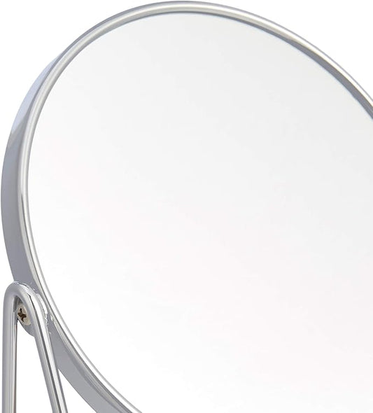Amazon Basics Vanity Round Tabletop Mirror with 360° Rotation, Double Sided 1x/5x Magnification, Chrome Finish, Squared Bamboo Tray, 7.2"L x 3.35"W