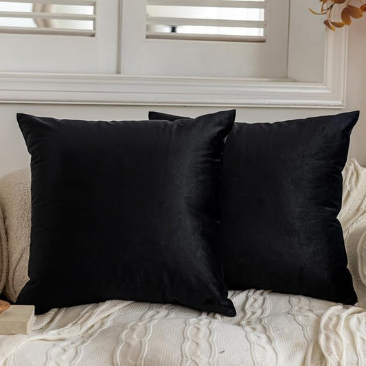 FEVERQIYI 24x24 Velvet Pillow Covers Set of 2 Black Decorative Square Throw Pillowcase Soft Solid Cushion Covers for Bedroom Living Room Outdoor Indoor Decoration