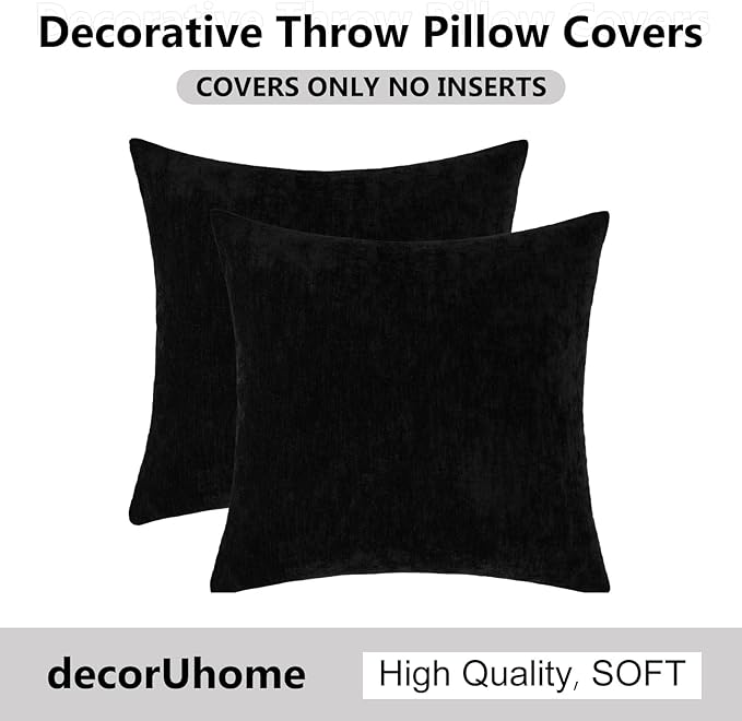 decorUhome Chenille Black Spring Throw Pillow Covers 18x18 Inch Set of 2, Decorative Soft Couch Pillow Covers Solid Dyed Accent Farmhouse Neutral Square Pillow Cases for Sofa